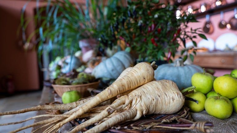 Parsnips, apples, pumpkins and chilli plants displayed as a harvest arrangement inside Felbrigg Hall.